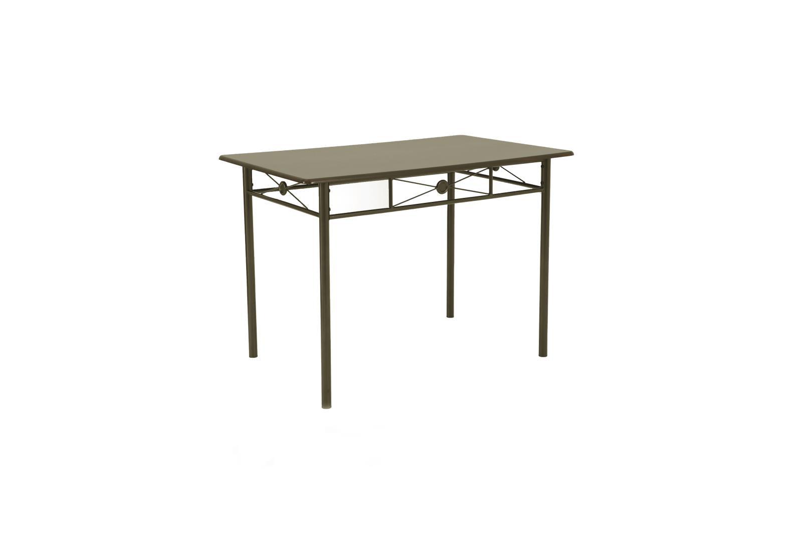 Detail view of metal tubing and walnut tabletop on dining set