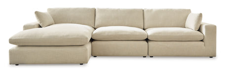 Detail view of linen upholstery on Elyza sectional sofa