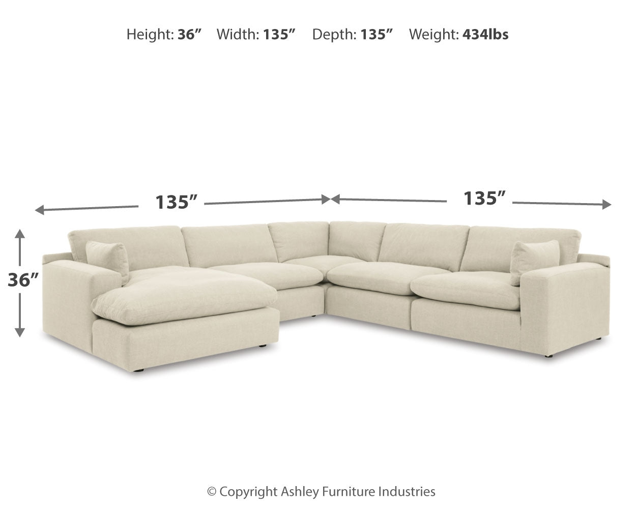 Side view showing dimensions of Elyza Linen 5-Piece Sectional Sofa
