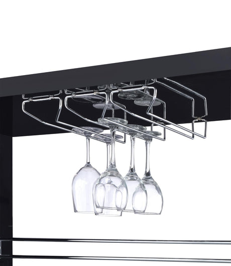Prescott bar unit storage shelves filled with bottles and glasses