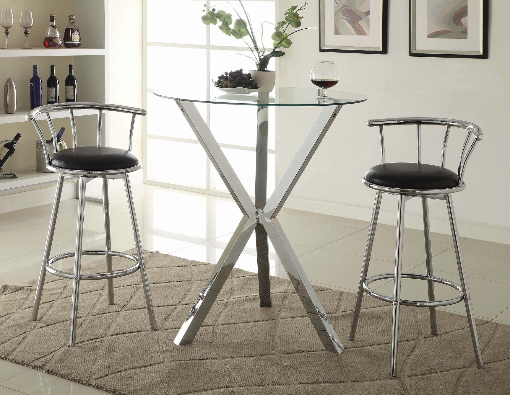 Denali Round Chrome Bar Table showing polished steel X-base