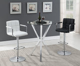 Close-up of polished chrome steel frame and tempered glass top