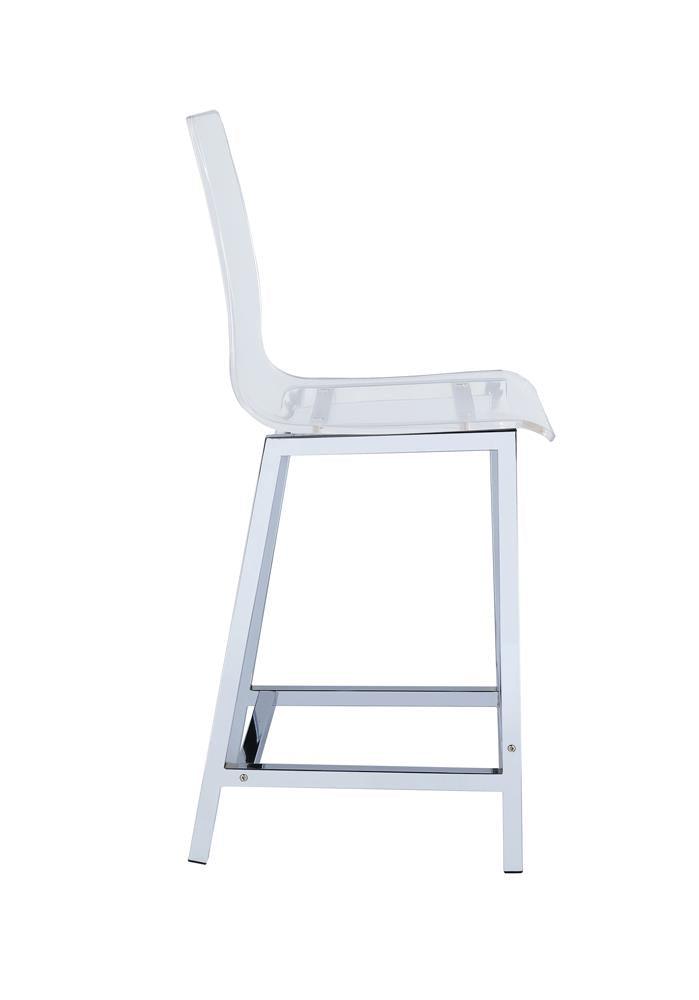 Back view of Juelia counter height stool highlighting chrome frame