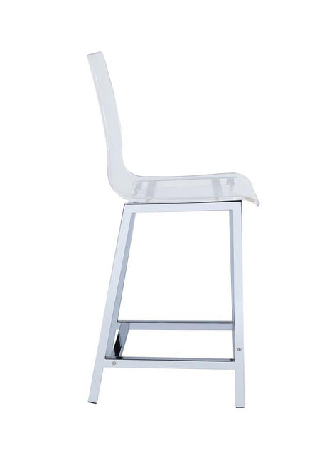 Back view of Juelia counter height stool highlighting chrome frame
