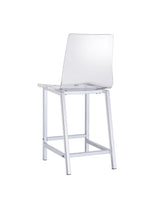 Close-up of Juelia stool seat and chrome metal finish
