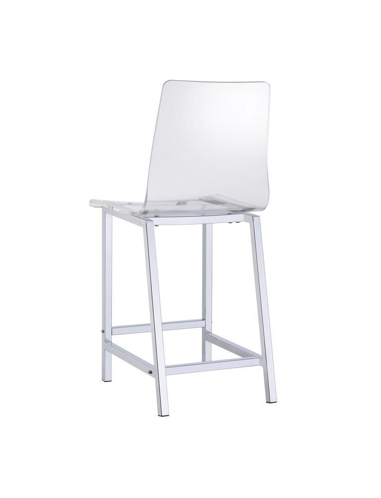 Close-up of Juelia stool seat and chrome metal finish