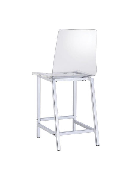 Close-up of Juelia stool seat and chrome metal finish