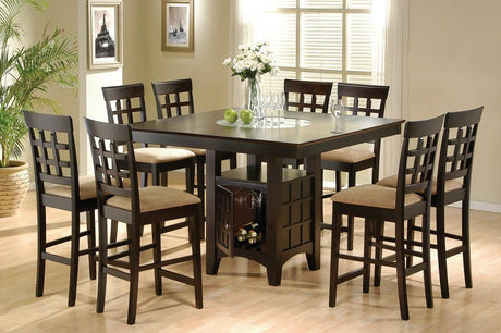 Tan upholstered chairs and chestnut counter height dining table set