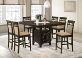 Gabriel Cappuccino square dining table with 4 upholstered back side chairs - detail view