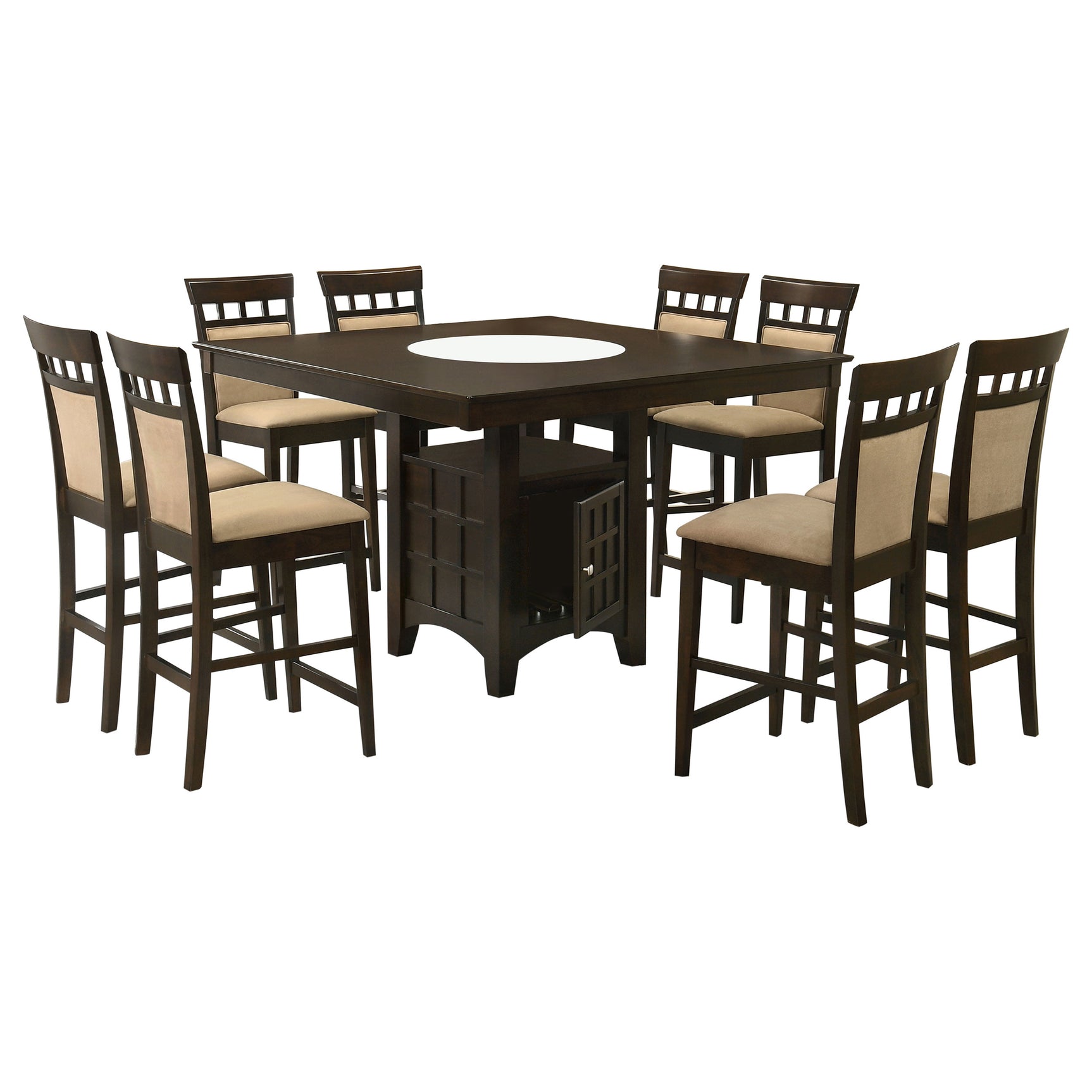 Gabriel Cappuccino square dining set with 8 upholstered chairs - side view