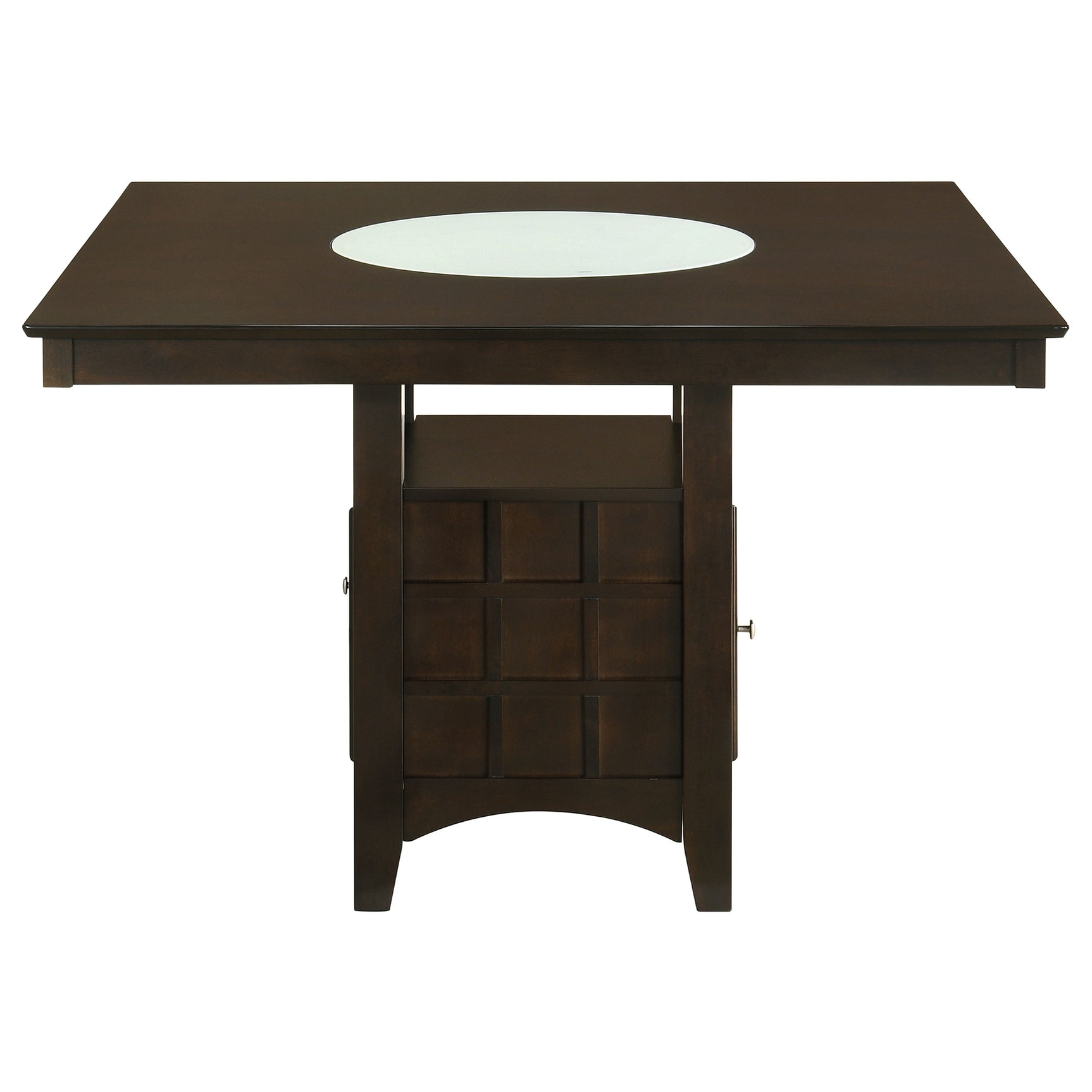 Side view of Gabriel Cappuccino square upholstered back chairs at dining table