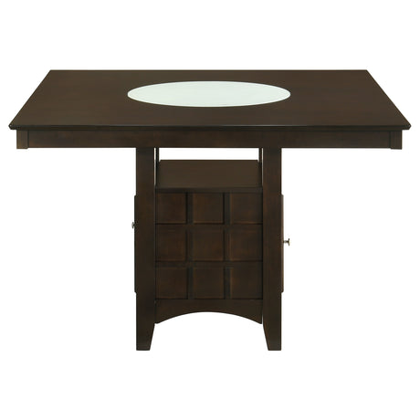 Side view of Gabriel Cappuccino square upholstered back chairs at dining table