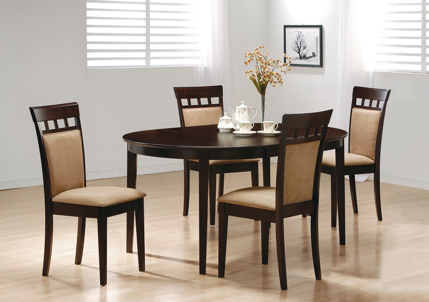 Room view of Gabriel Cappuccino Upholstered Back Extension Leaf Dining Set dining room furniture