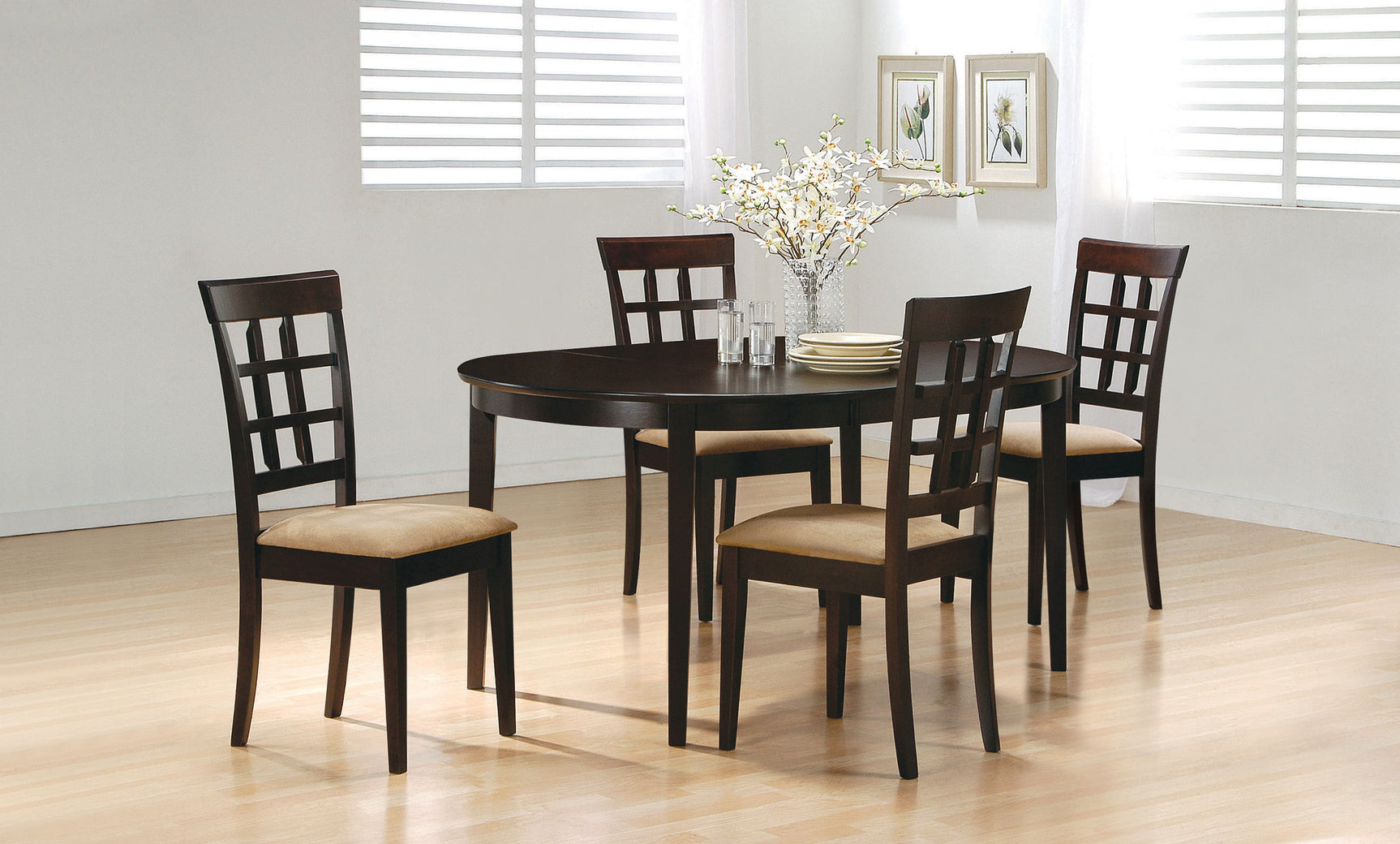 Gabriel Cappuccino dining room set in room with 4 side chairs