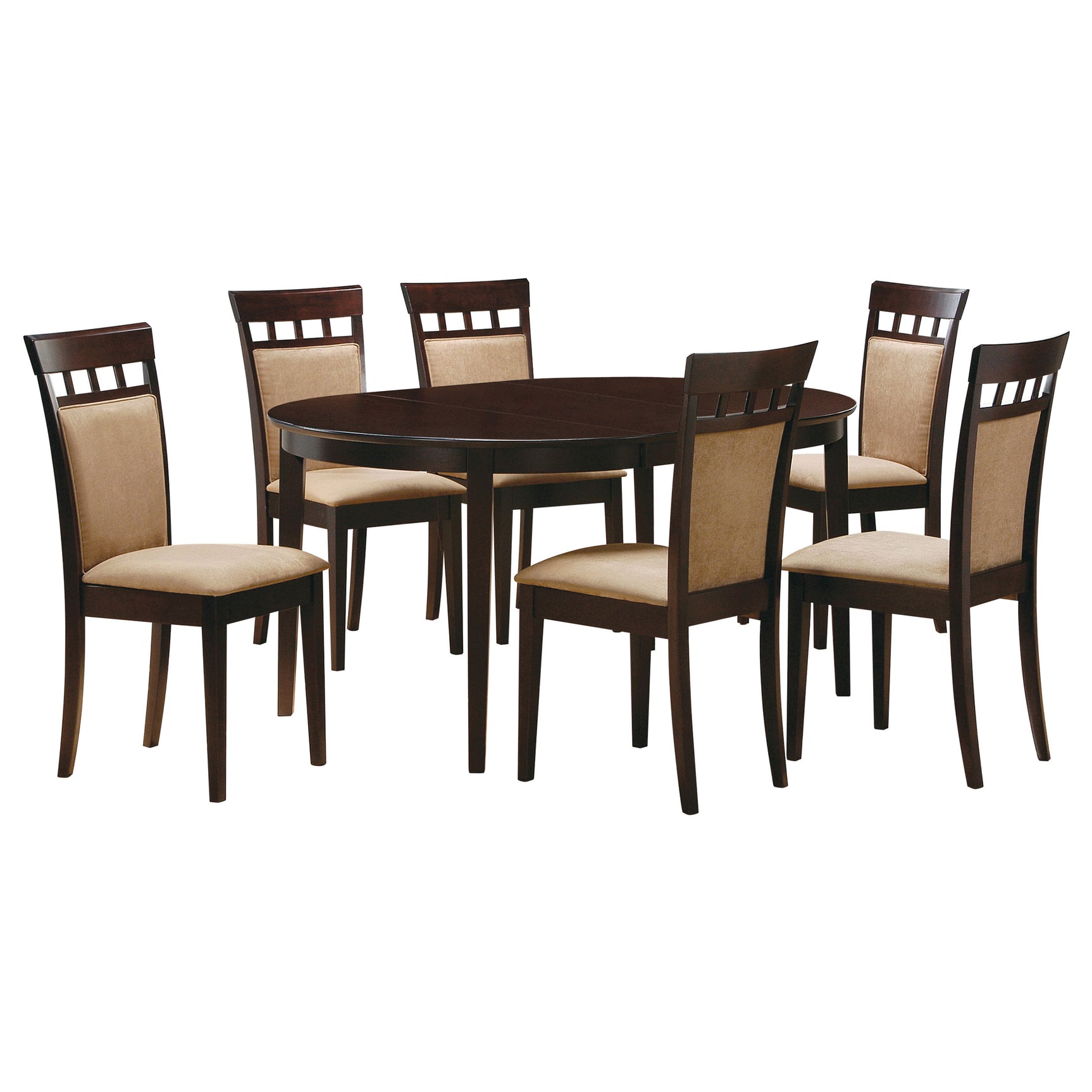 Detail view of upholstered back chair in Gabriel Cappuccino Dining Set