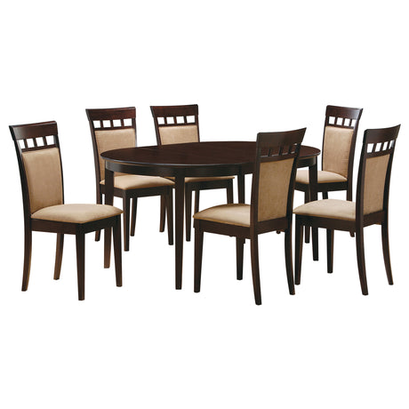 Detail view of upholstered back chair in Gabriel Cappuccino Dining Set