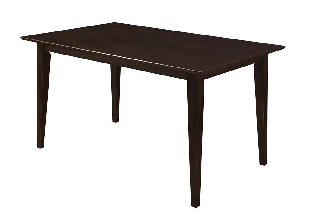 Gabriel Rectangular Dining Table in Cappuccino, side view showing tapered legs