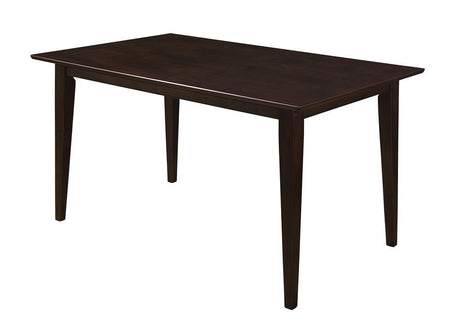 Gabriel Rectangular Dining Table in Cappuccino, side view showing tapered legs