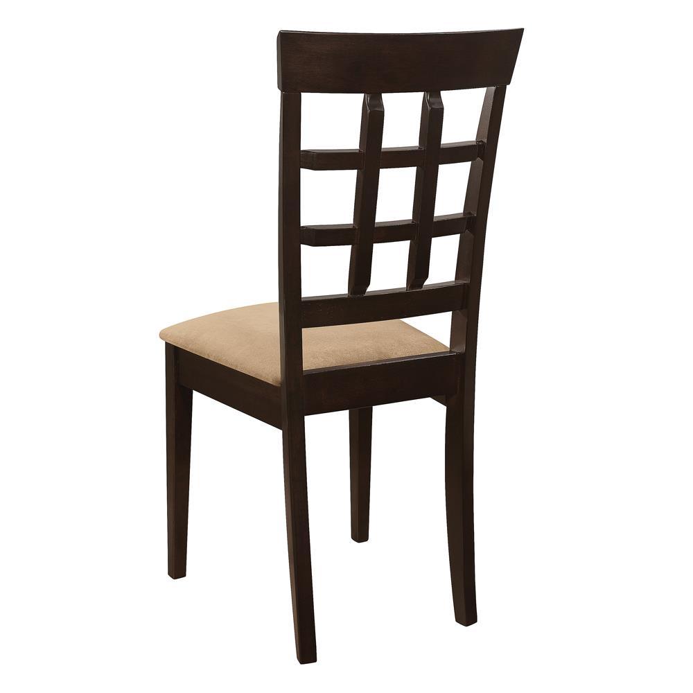 Detail of cappuccino finish wood legs and lattice back design