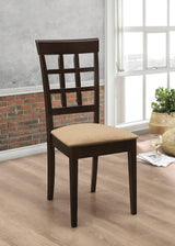 Close-up of tan upholstered seat and backrest on Gabriel counter height stool