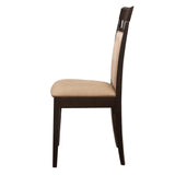 Close-up of tan microfiber cushion and cappuccino wood frame