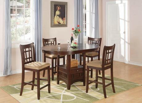 Side view of Lavon Oval Counter Height Dining Table highlighting pedestal storage