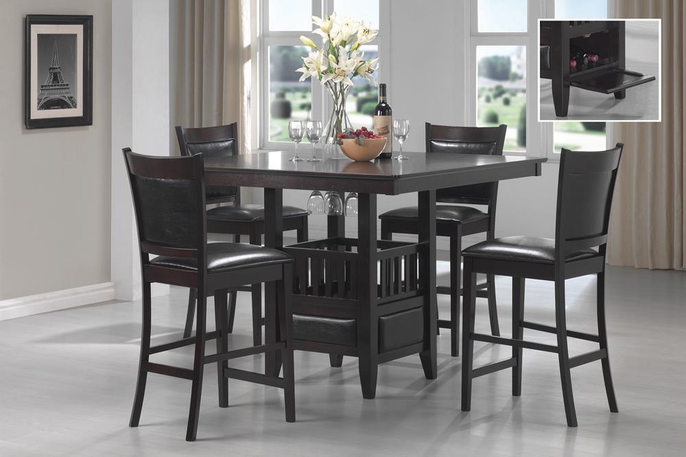 Set of two Jaden Counter Height Stools with black cushioned seats and espresso wood legs, angled side