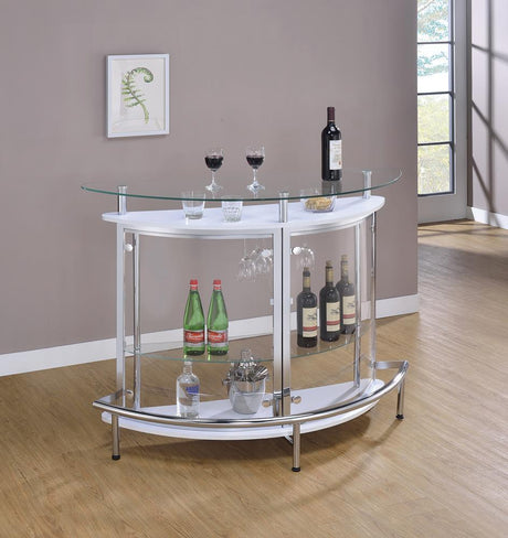 Amarillo 2-tier white and chrome bar unit front view