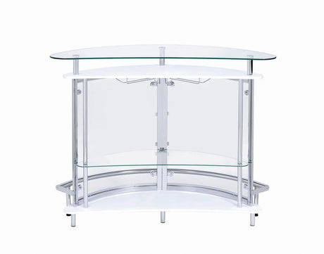 Amarillo 2-tier bar unit close-up on chrome and glass details