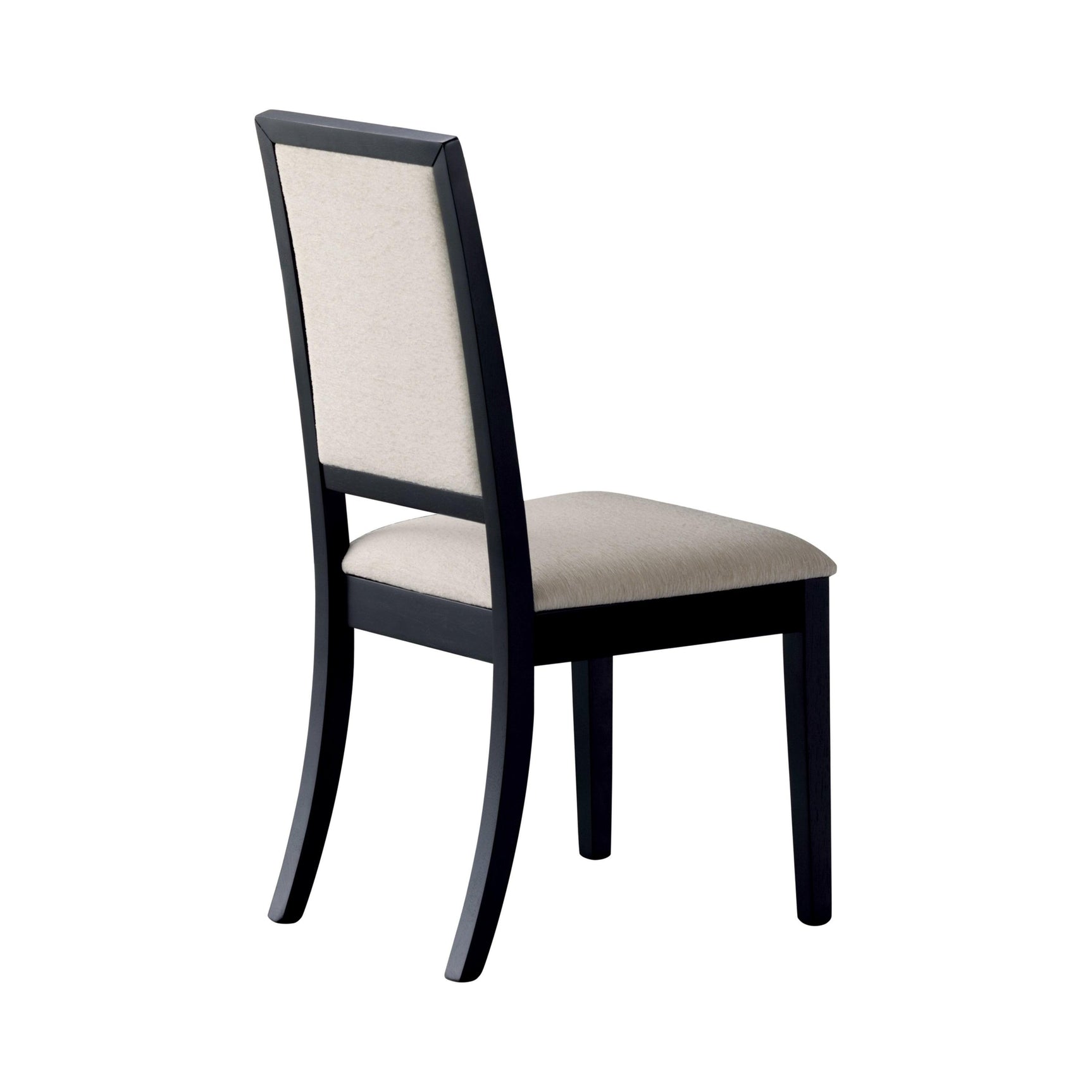 Close-up of cream upholstered dining chair cushion and black wood legs
