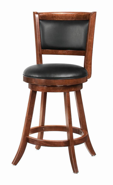 Broxton upholstered swivel counter height stools in chestnut wood and black leatherette, front angle