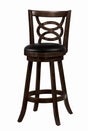 Calecita swivel bar stools in cappuccino finish with black leatherette seats