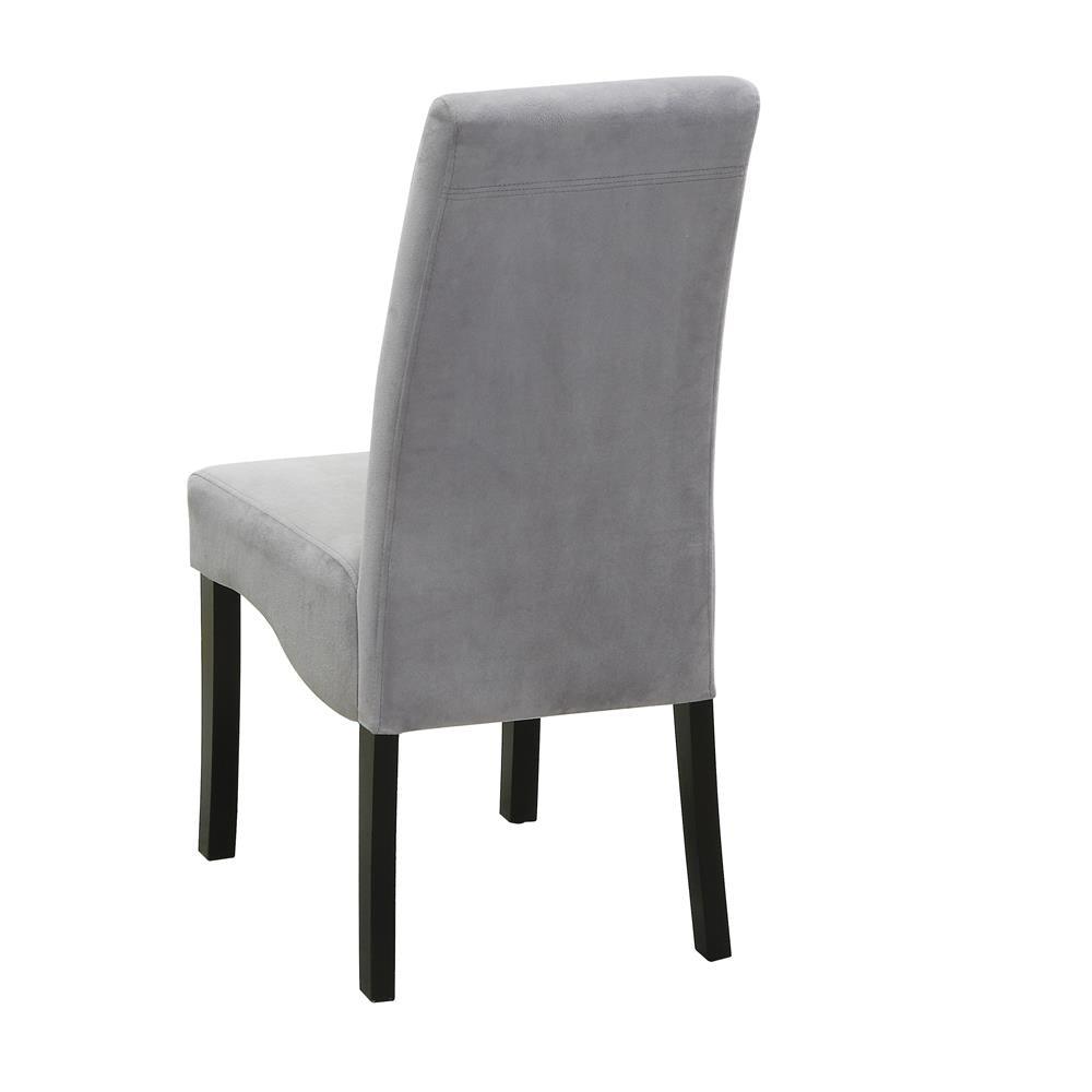 Side view of Stanton grey upholstered chair showing flared back
