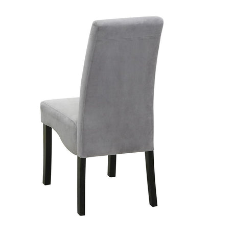 Side view of Stanton grey upholstered chair showing flared back