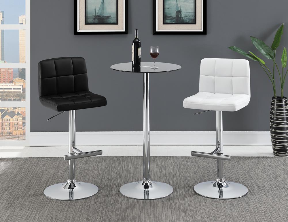 Side view of Lenny adjustable height bar stools with chrome base and footrest