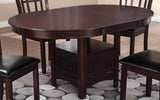 Lavon Espresso Dining Table front angle showing storage cabinet and oval top