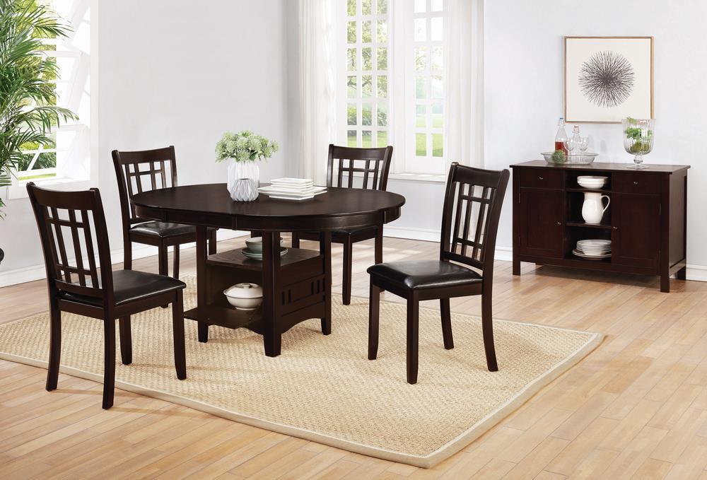 Side view of Lavon Dining Table showing closed storage unit and top shelf