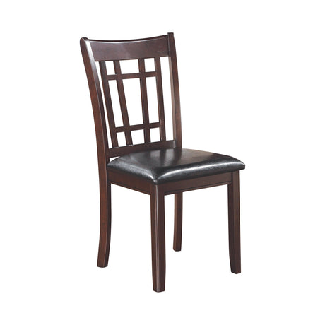 Side view of Lavon Collection Tan Upholstered Lattice Back Counter Stool
