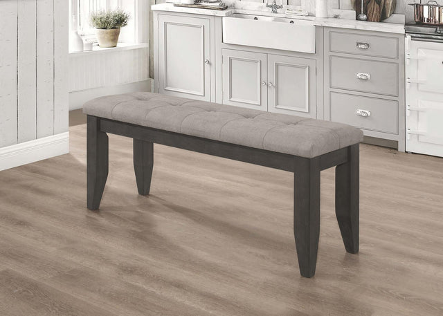 Dalila Grey Upholstered Padded Cushion Bench angled front view
