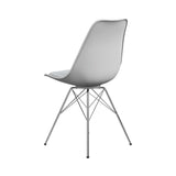 Close-up of chrome metal legs on Juniper dining chair