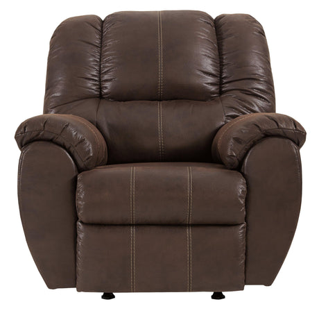 Front view close-up of McGann Walnut Faux Leather Recliner chair