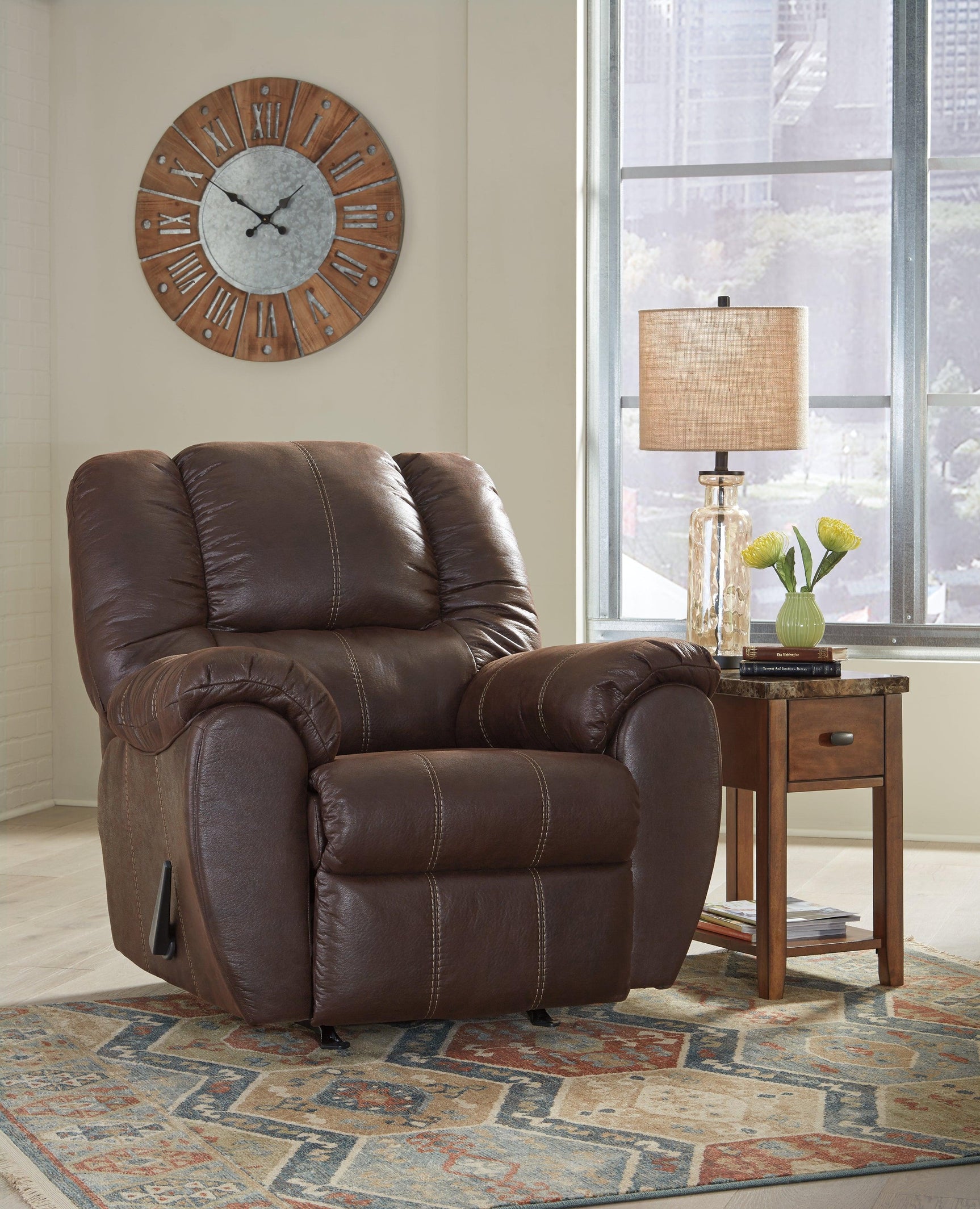 Side angle of McGann Walnut Faux Leather Recliner chair