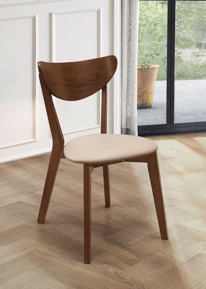 Front angle of Kersey Dining Side Chair with curved back in beige leatherette and chestnut legs