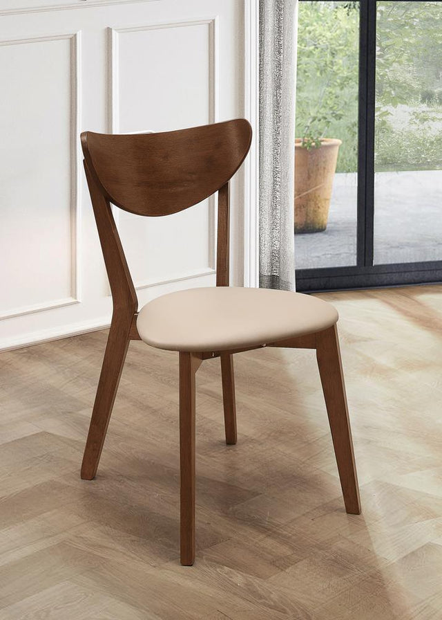 Front angle of Kersey Dining Side Chair with curved back in beige leatherette and chestnut legs