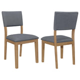 Grey upholstered dining arm chair front view
