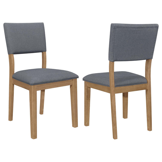 Grey upholstered dining arm chair front view