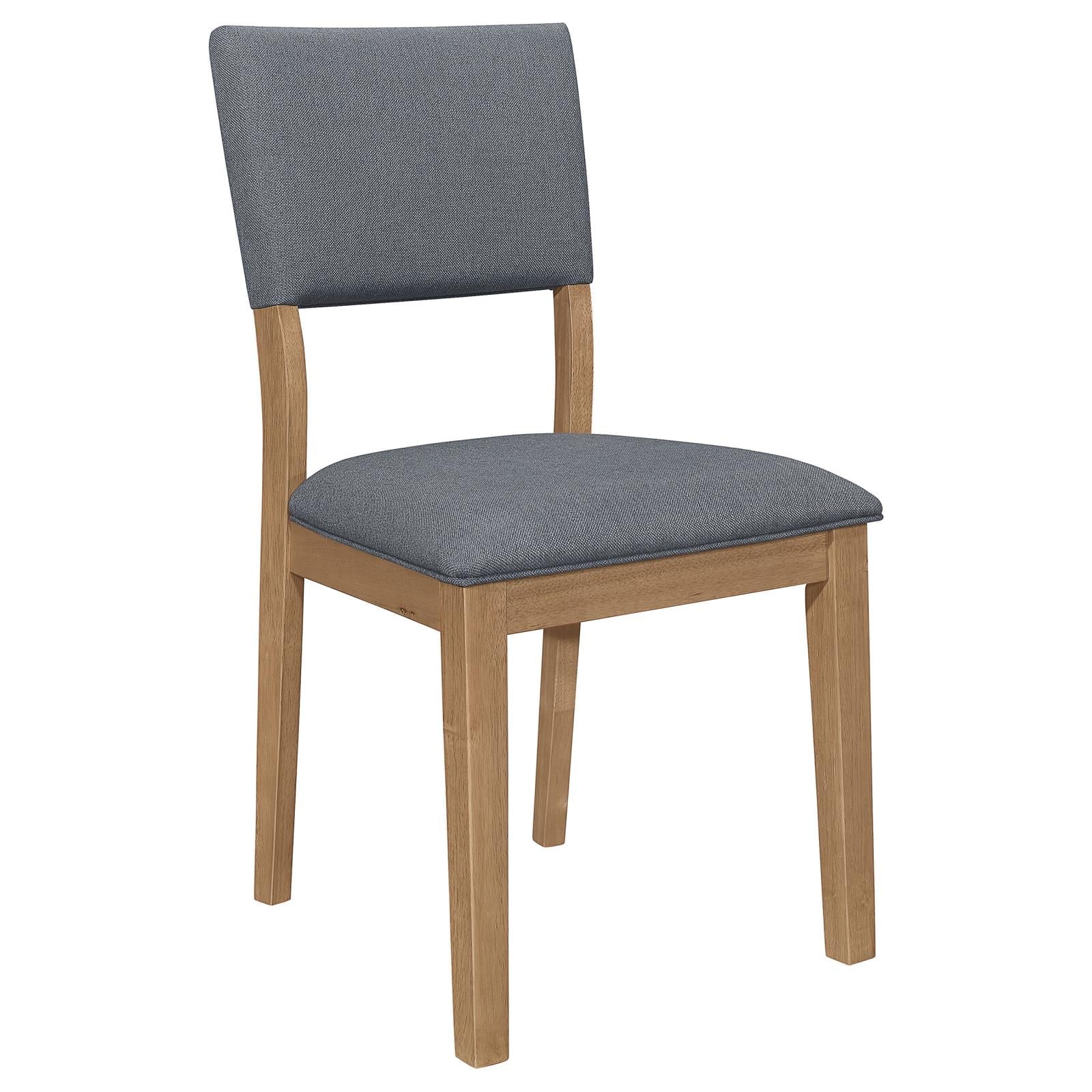 Grey upholstered dining arm chair angled view