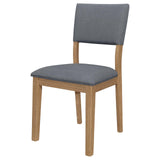 Grey upholstered dining arm chair with wooden frame