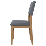 Grey upholstered dining arm chair with wooden frame