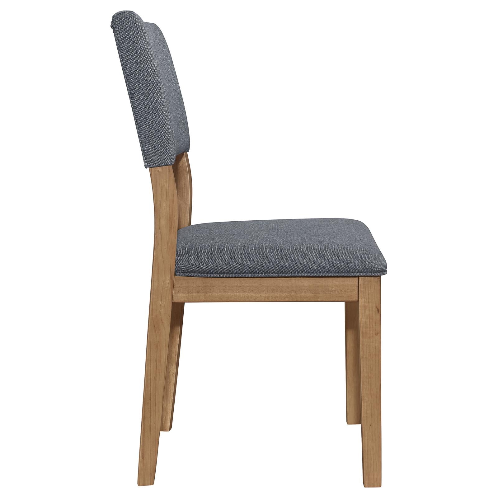 Grey upholstered dining arm chair with wooden frame
